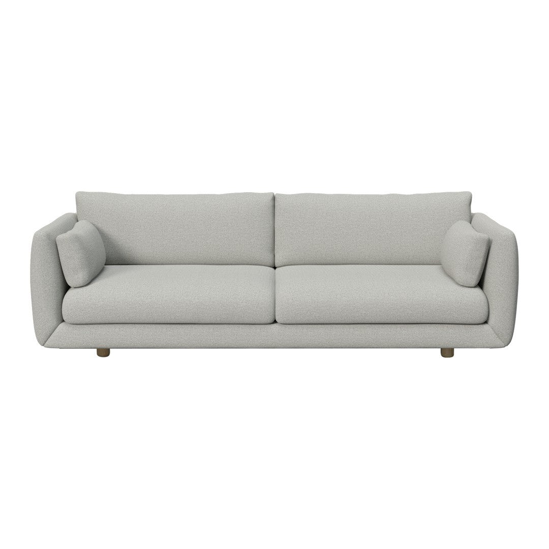Light grey modern sofa with a smooth fabric texture and minimalist design. Features plush cushions and wooden legs.