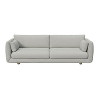 Light grey modern sofa with a smooth fabric texture and minimalist design. Features plush cushions and wooden legs.