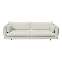 Stylish cream sofa with smooth upholstery and simple, modern design, featuring two soft matching cushions.