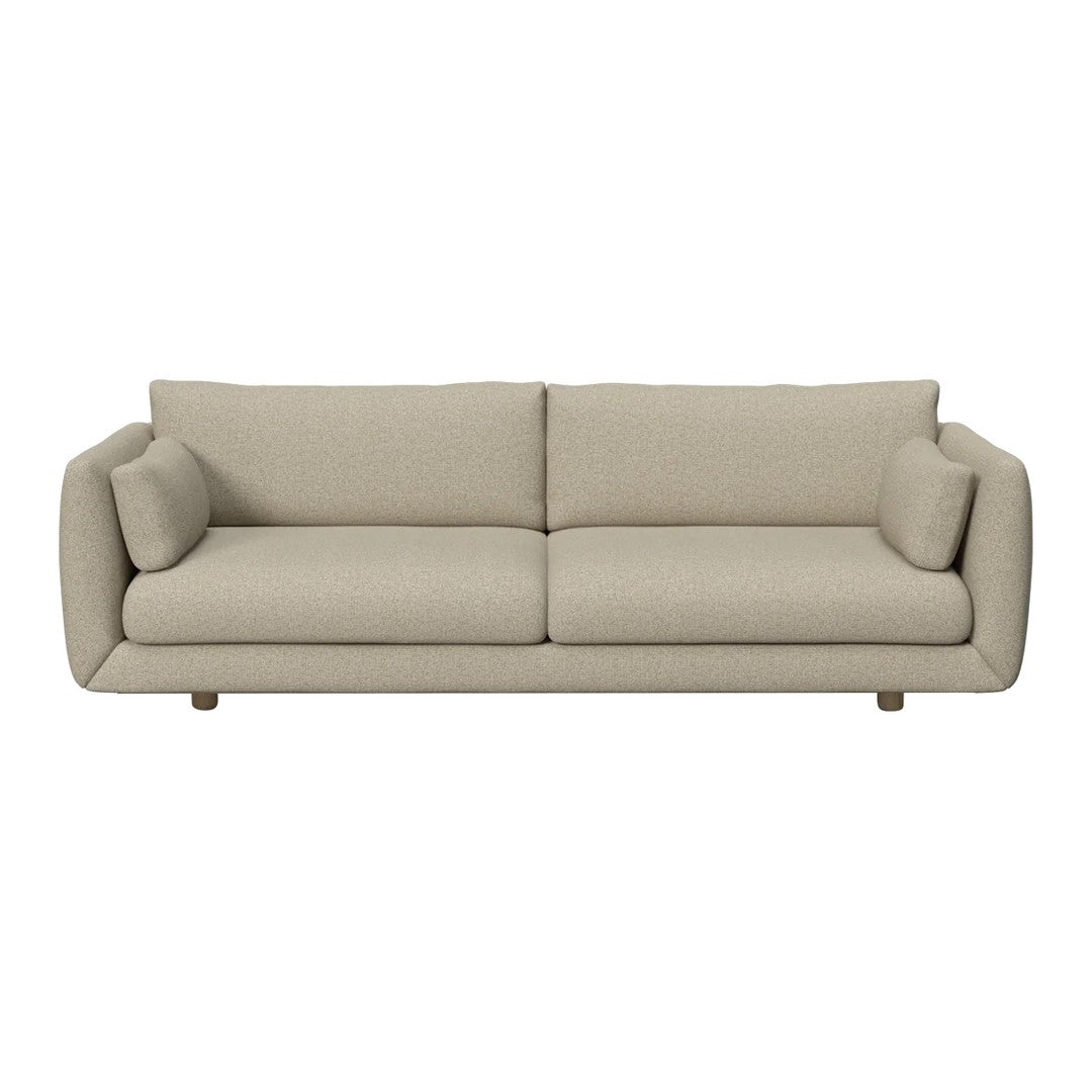 Beige modern sofa with a smooth, textured fabric and clean lines, featuring two plush side cushions for added comfort.