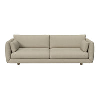 Beige modern sofa with a smooth, textured fabric and clean lines, featuring two plush side cushions for added comfort.