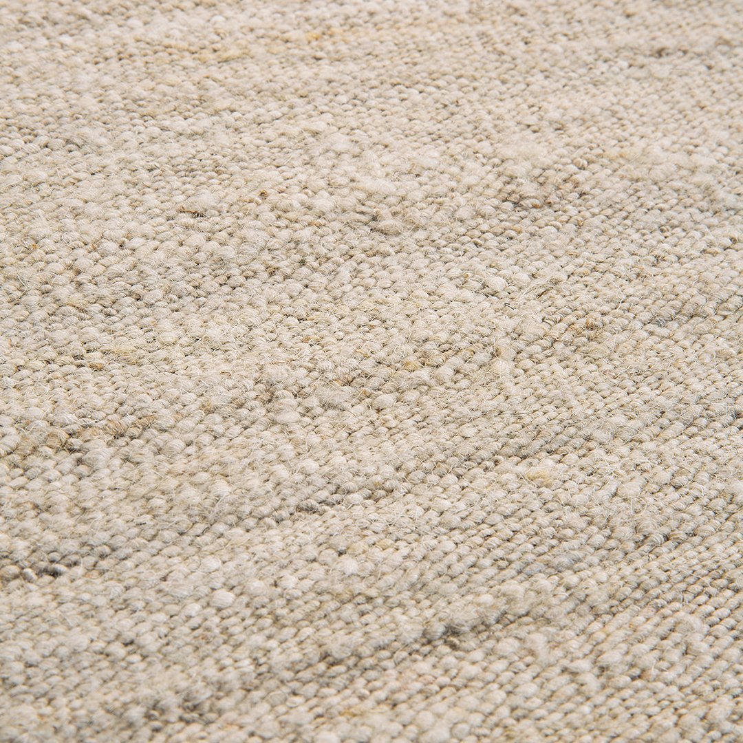 Textured beige area rug with subtle cream and gray flecks, creating a warm and inviting pattern.