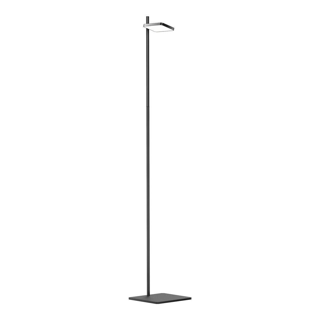 Sleek black floor lamp with minimalistic design and a modern white shade for contemporary decor.