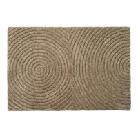 Beige area rug featuring textured swirling circular patterns. Perfect for adding warmth and style to any space.
