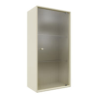 Cream-colored cabinet with a sleek, modern design and vertical ribbed pattern on the doors.