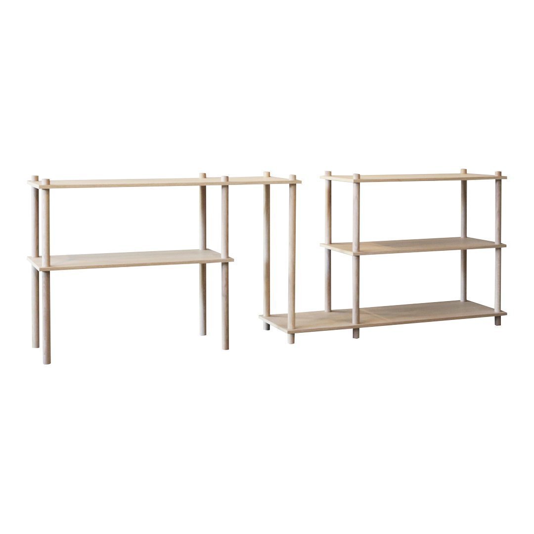 Light wood freestanding shelves with a minimalist design, featuring natural wood tones and smooth surfaces.