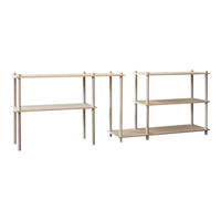 Light wood freestanding shelves with a minimalist design, featuring natural wood tones and smooth surfaces.