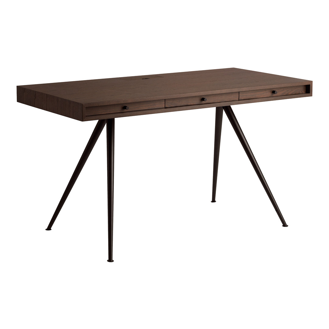 Brown wooden desk with a minimalist design and sleek black metal legs, featuring three drawers for storage.