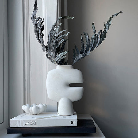 White abstract vase with black foliage, atop black and white books. Minimalist design with smooth curves and clean lines.