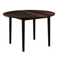 Round dark wood table with a smooth finish and subtle grain patterns, adding elegance to any space.
