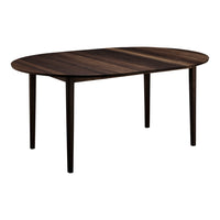Oval dark wood dining table with subtle grain patterns, perfect for modern interiors. Rich brown finish enhances elegance.
