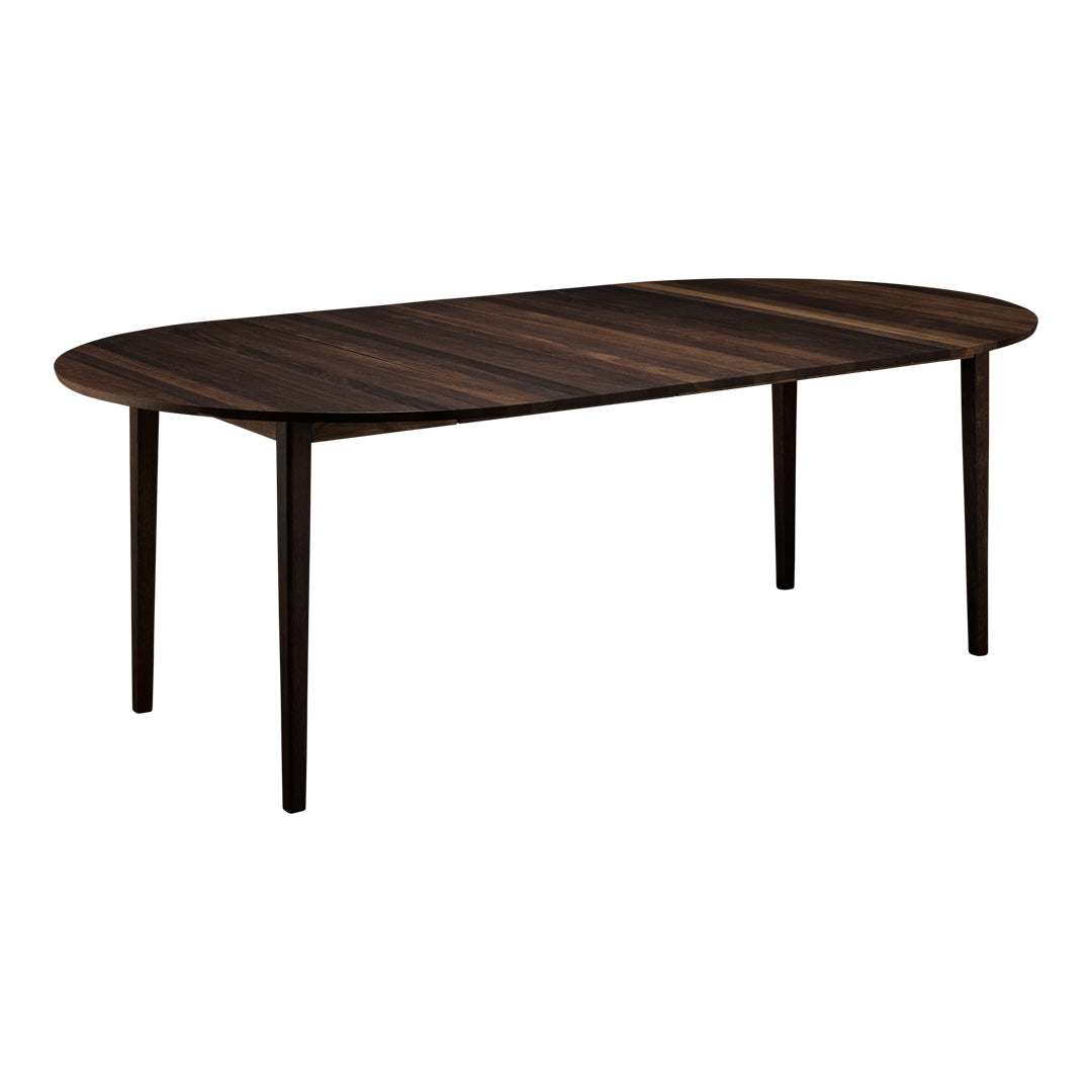 Dark wood oval table with a smooth finish and natural grain pattern, perfect for modern dining spaces.
