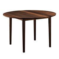 Round wooden table with a rich dark walnut finish and smooth, natural grain pattern. Perfect for modern dining spaces.