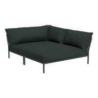 Dark green outdoor sectional sofa with plush cushions and a sleek black frame.