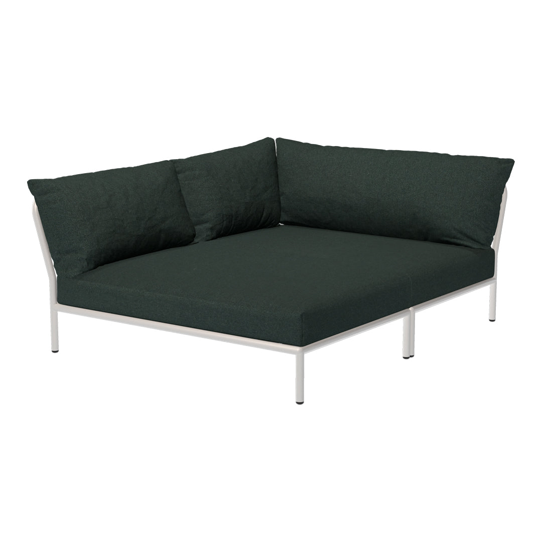 Dark green cushion sofa with minimalist white metal frame; sleek, modern design perfect for outdoor spaces.