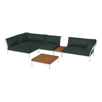 Dark green cushion sofa set with sleek silver frames and a wooden slat coffee table, modern outdoor living design.