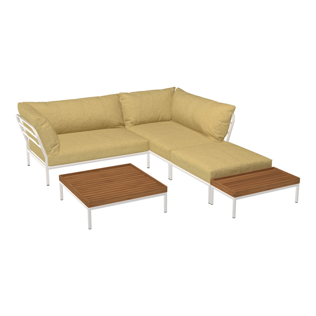 Beige sectional sofa with plush cushions and wooden coffee tables featuring a natural wood grain finish.