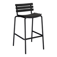 Black metal bar stool with a sleek slatted back and curved seat, perfect for modern dining spaces.