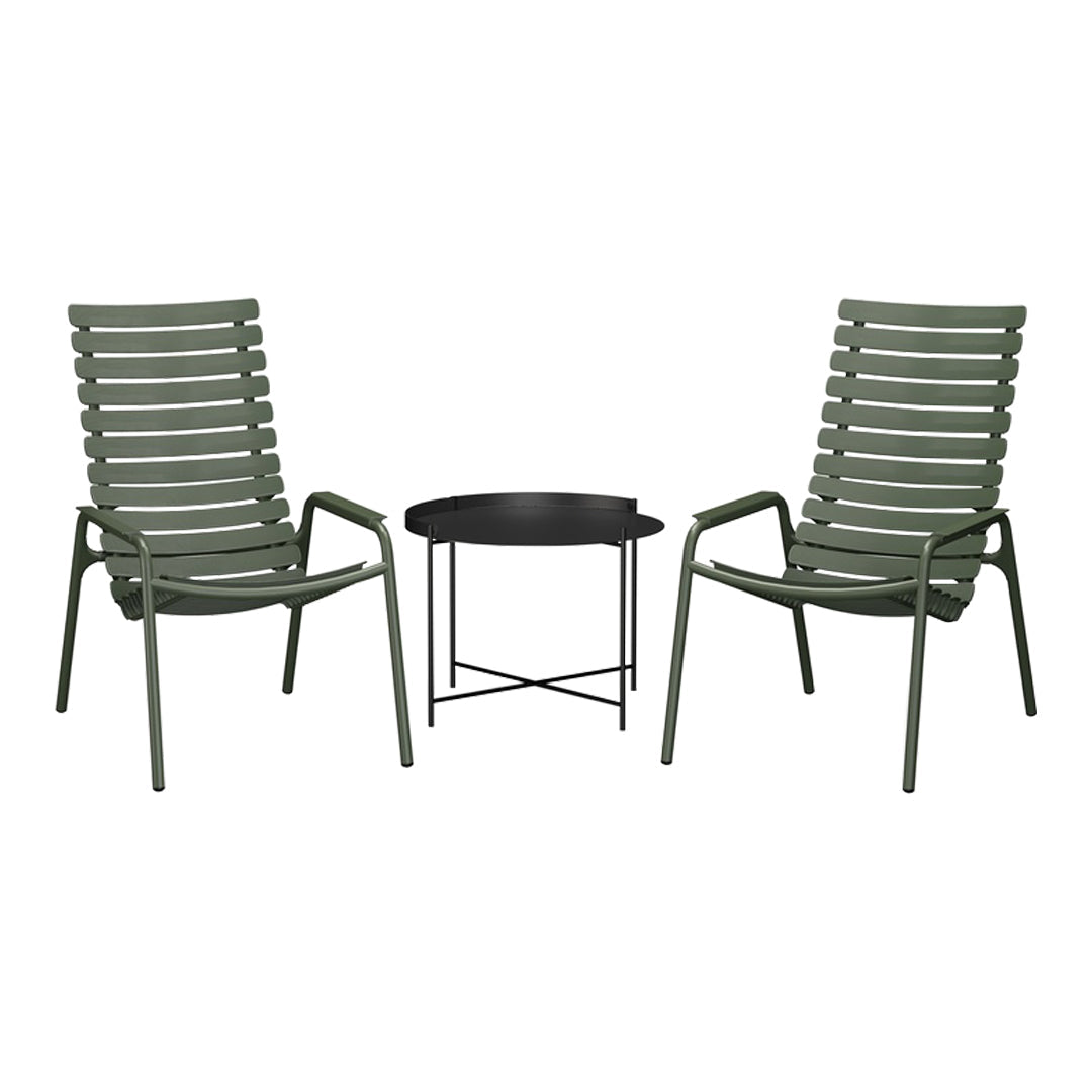 Set of two green slatted chairs with a sleek black round side table. Perfect for outdoor or indoor decor.