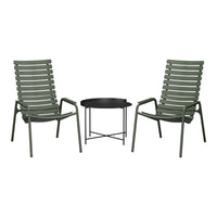 Set of two green slatted chairs with a sleek black round side table. Perfect for outdoor or indoor decor.