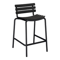 Black metal bar stool with a slatted backrest and curved seat design, perfect for modern interiors.