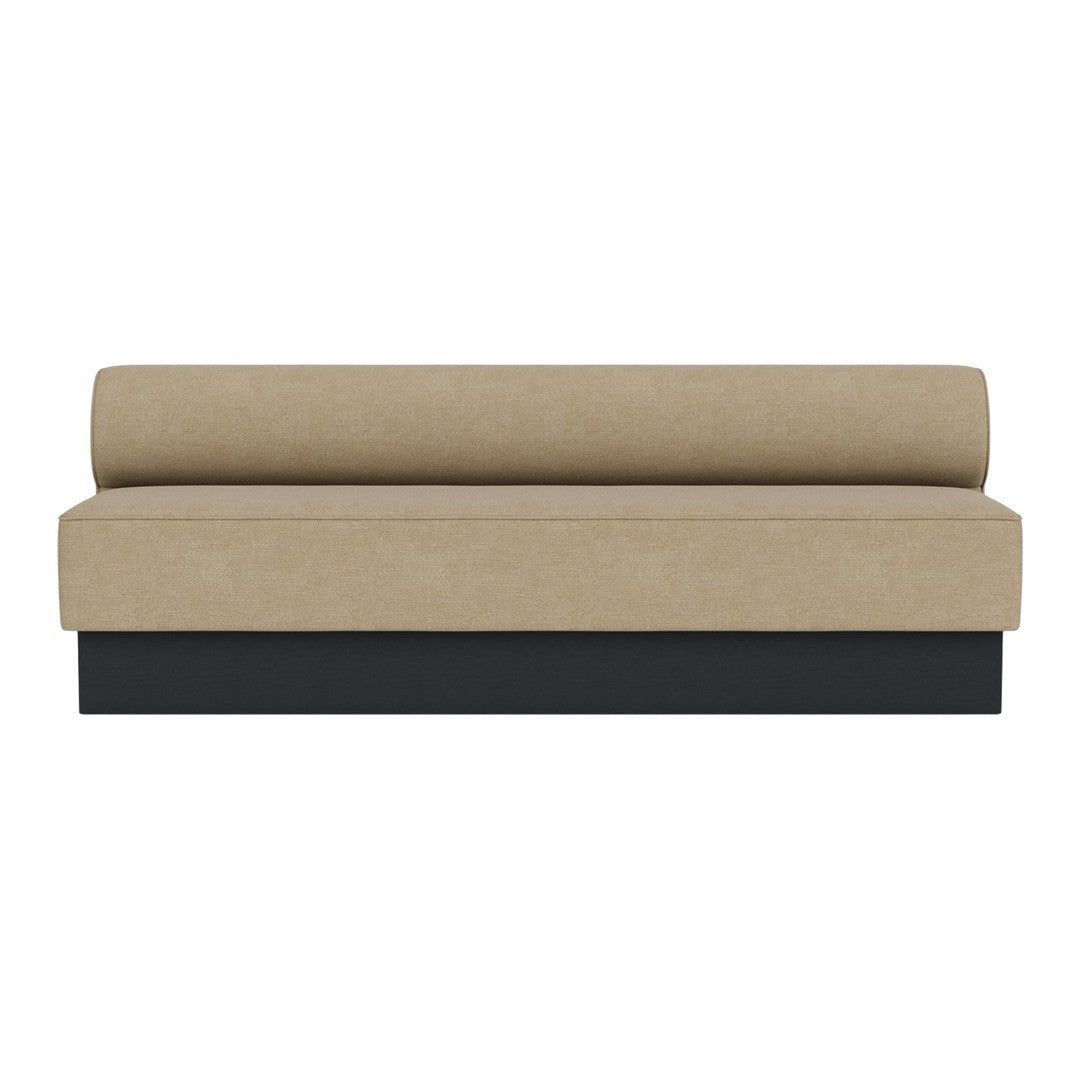 Beige upholstered sofa with a sleek black base, featuring a minimalist design and solid color pattern.
