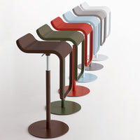 Colorful modern bar stools in brown, green, red, light blue, grey, and white with sleek, minimalist designs.