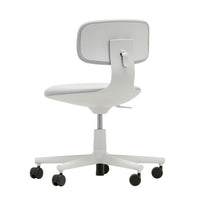 White ergonomic office chair with a smooth, minimalist design and sleek wheels for easy mobility.