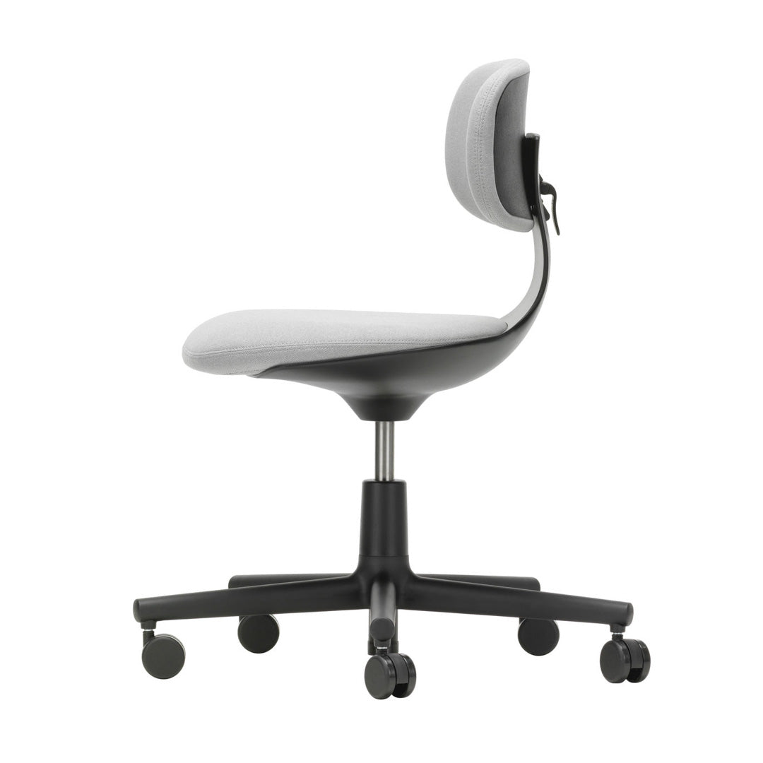 Gray upholstered office chair with a sleek design and a black five-star base, featuring a smooth, contemporary silhouette.