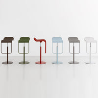 Colorful modern bar stools in green, brown, red, light blue, gray, and white with sleek minimalist designs.