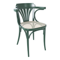 Green wooden chair with a cane seat, featuring a classic curved design and intricate backrest patterns.