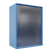 Blue storage cabinet with a textured, ribbed front and solid blue frame. Ideal for modern decor.