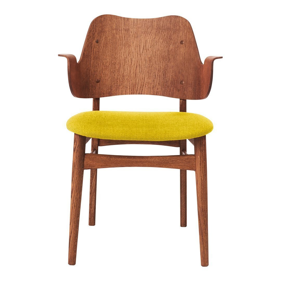Mid-century chair with a warm wood finish and vibrant yellow cushion for a stylish pop of color.