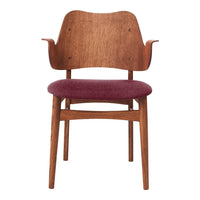 Wooden chair with a rich brown finish and a deep burgundy upholstered seat. Elegant, minimalist design.