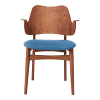Mid-century chair with a warm wood finish and a vibrant blue upholstered seat. Elegant and contemporary design.