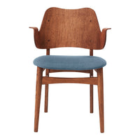 Mid-century wooden chair with rich brown finish and light blue cushion, featuring a simple and elegant design.
