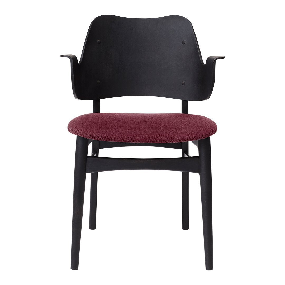Black wooden chair with a burgundy upholstered seat and smooth, minimalist design.