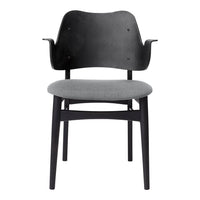 Black wooden chair with gray upholstered seat, featuring a sleek, minimalist design and smooth curves.