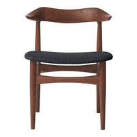 Mid-century modern chair with a rich walnut frame and black upholstered seat. Simple, sleek design and natural wood finish.
