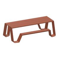 Rust-colored modern outdoor table with sleek lines and a minimalist design. Perfect for contemporary settings.