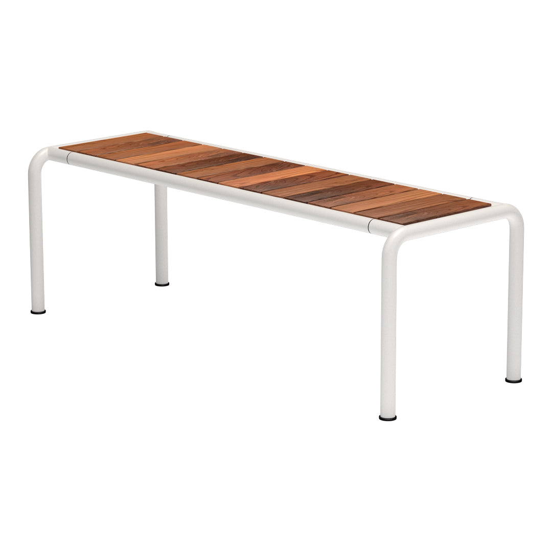 Wooden slatted bench with a rich brown hue and sleek white metal legs, showcasing a modern and minimalist design.