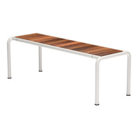 Wooden slatted bench with a rich brown hue and sleek white metal legs, showcasing a modern and minimalist design.