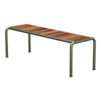 Mid-century style bench with a rich wood finish and a stylish green metal frame. Suitable for indoor or outdoor use.