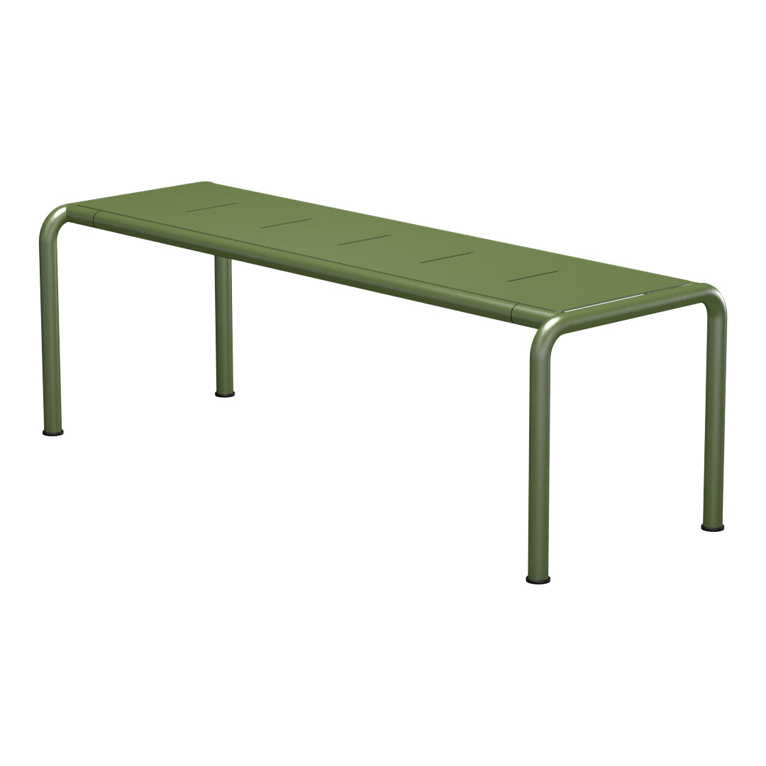Green metal bench with a sleek, modern design and a smooth, matte finish. Ideal for outdoor or indoor use.