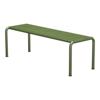 Green metal bench with a sleek, modern design and a smooth, matte finish. Ideal for outdoor or indoor use.