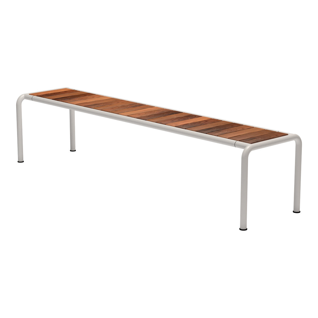 Long wooden bench with a warm brown finish and sleek white metal legs. Simple, modern design with horizontal slats.
