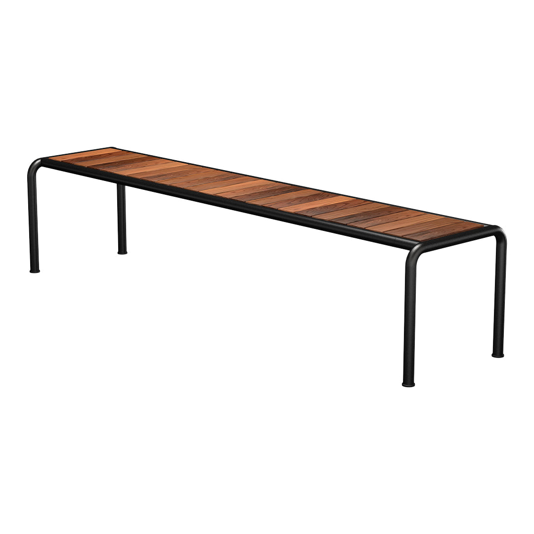 Wooden slat bench with a rich brown finish and sleek black metal frame, perfect for modern decor.