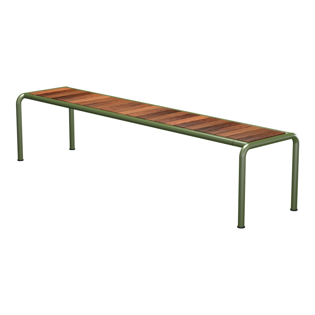 Long bench with a rich wood slatted top and a sleek green metal frame, offering a modern and natural aesthetic.