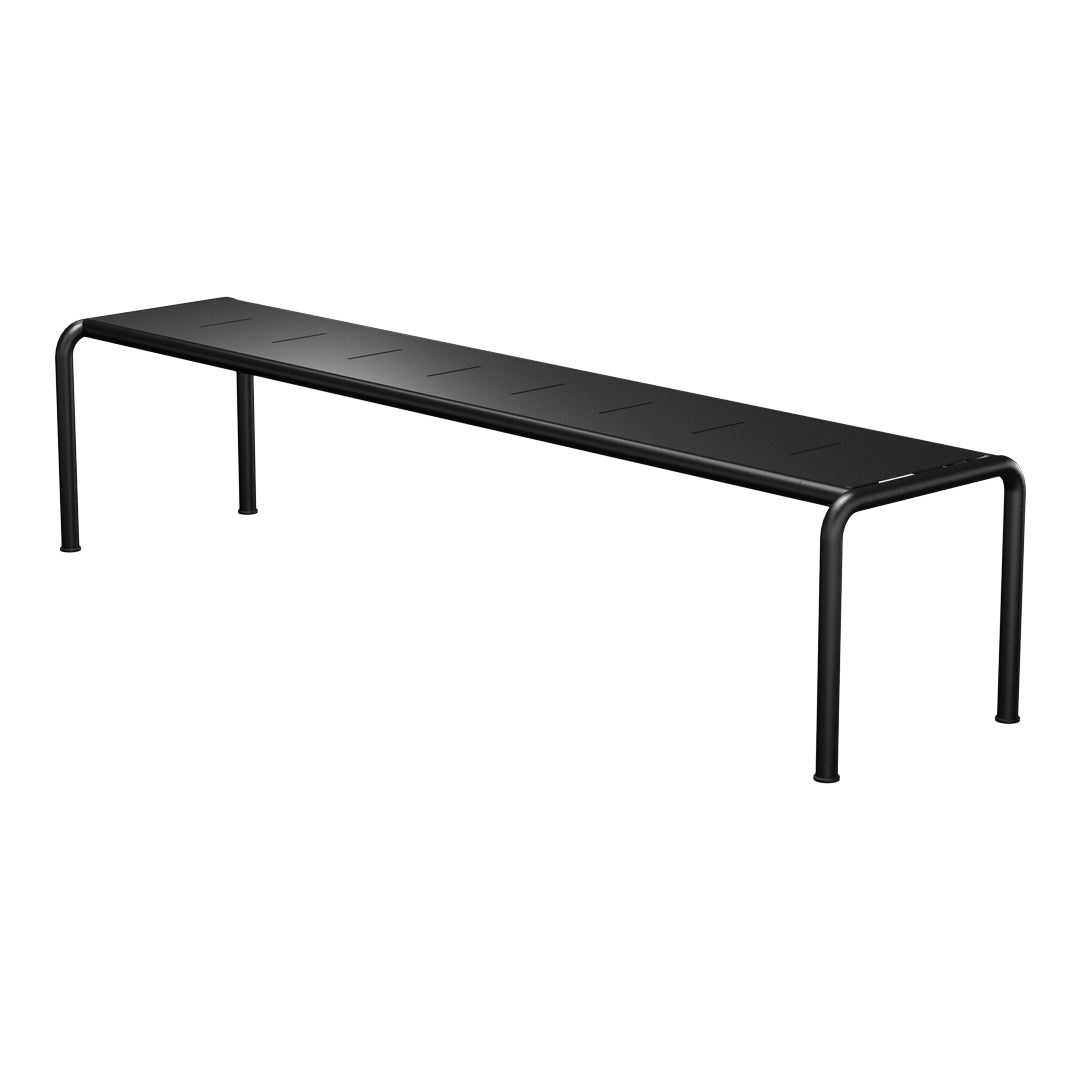 Sleek black bench with a minimalist design and smooth surface, ideal for modern decor.