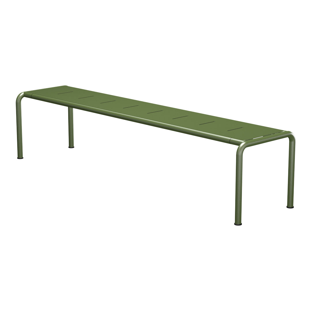 Green metal bench with a smooth, minimalist design and horizontal slats, perfect for outdoor or indoor use.
